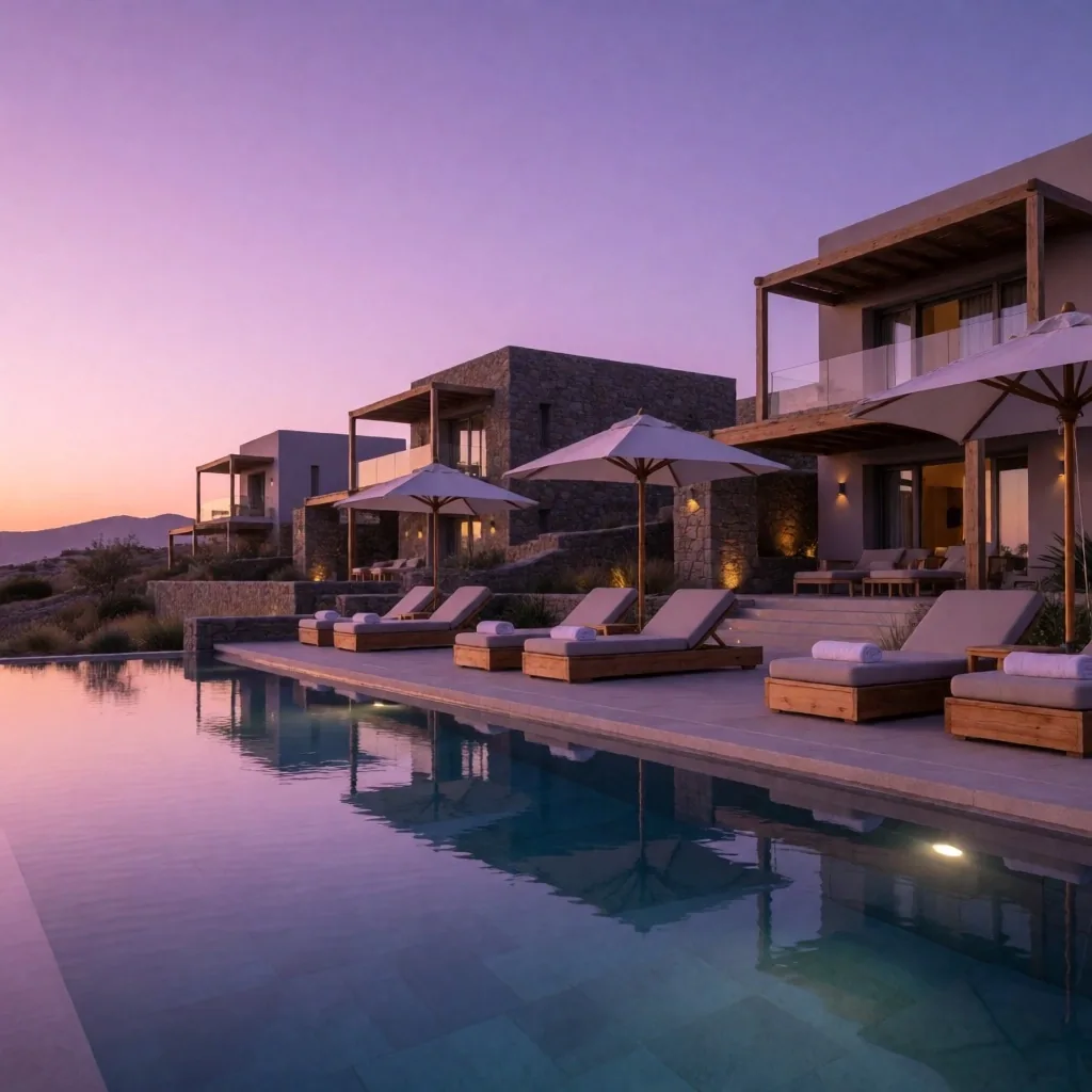 Ege bölgesi tatil resortu gün batımı havuz manzarası